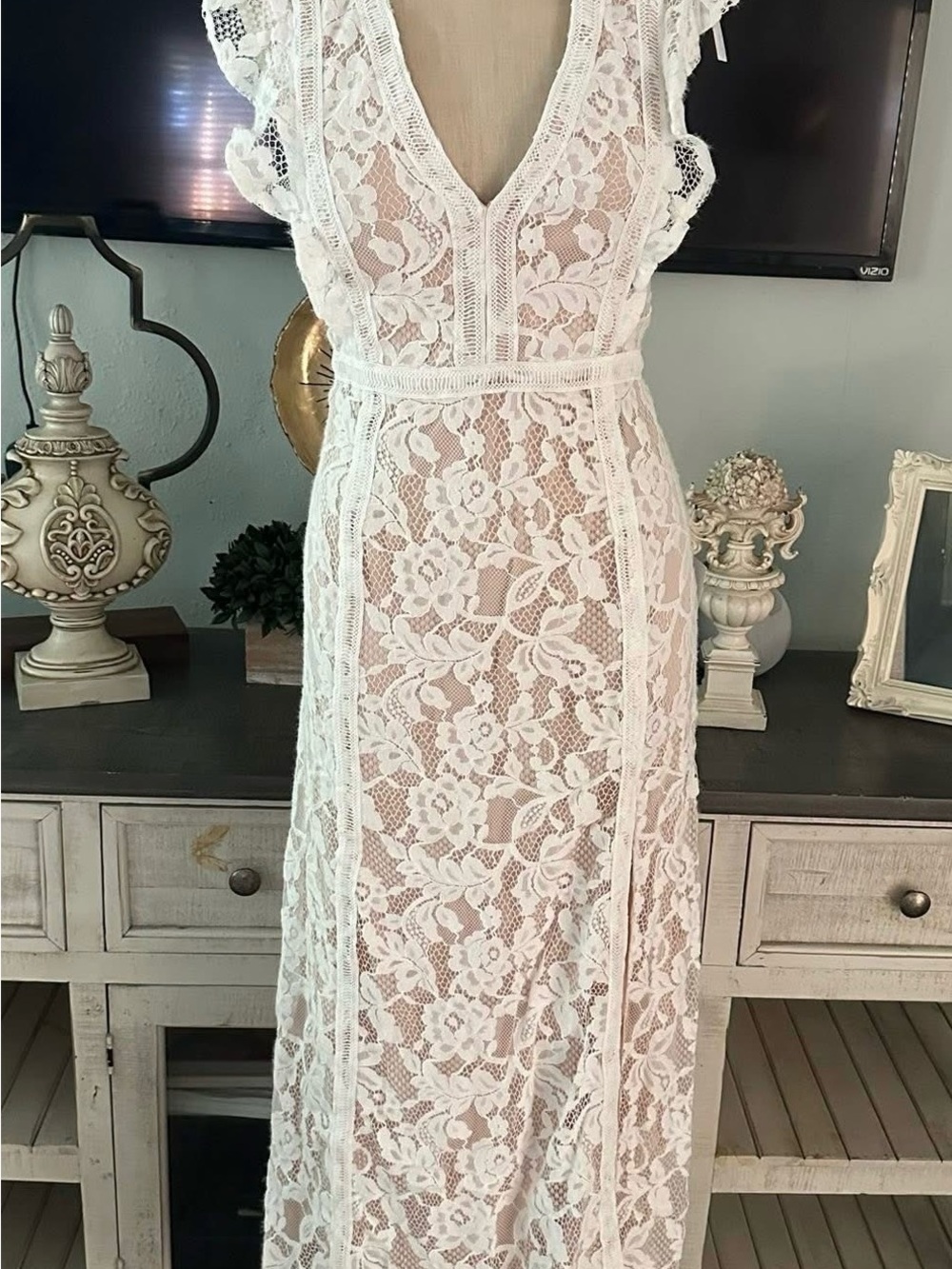 Lulu's White Floral Lace Deep V Maxi Slip Dress